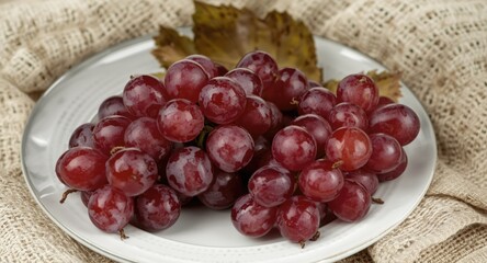 Fototapeta premium Fresh red grapes artistically arranged on a white plate