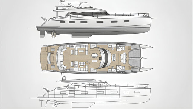 Catamaran Yacht CAD Blueprint, Twin Hull Side Elevation, Top Deck Plan and Structural Section Vector