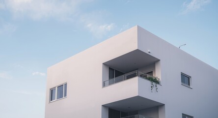 Obraz premium Modern minimalist facade of a building showcasing balcony details under tranquil sky with copy space