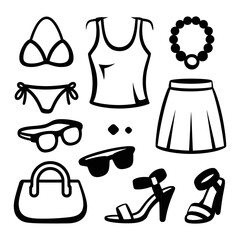 Fototapeta premium A stylish assortment of outline vector icons featuring essential women's summer apparel and trendy accessories.