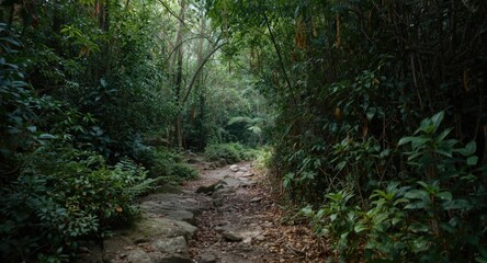 Fototapeta premium Outdoor journey through a rugged path surrounded by dense greenery