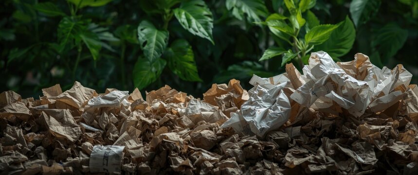 Recycling waste paper into lignin for bioplastic production with green plant background on eco friendly theme