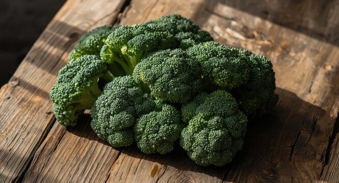 Freshly harvested bimi broccoli on aged wooden table bathed in natural light