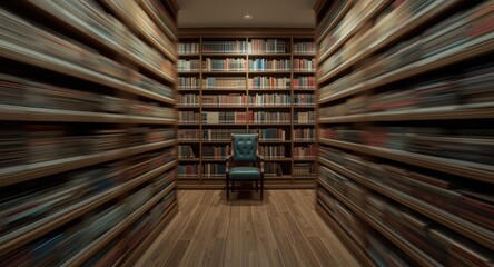 Obraz premium Motion blurred bookshelf aisle with wooden reading area and chair for continuing education concept with copy space and text area