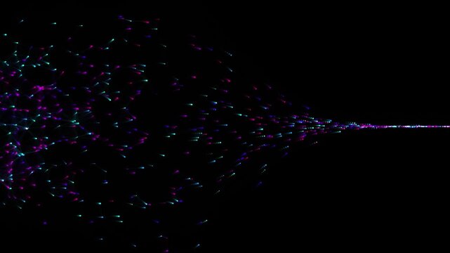 Vibrant stream of colorful glowing particles spreading dynamically across a deep dark digital space, an abstract light effect.