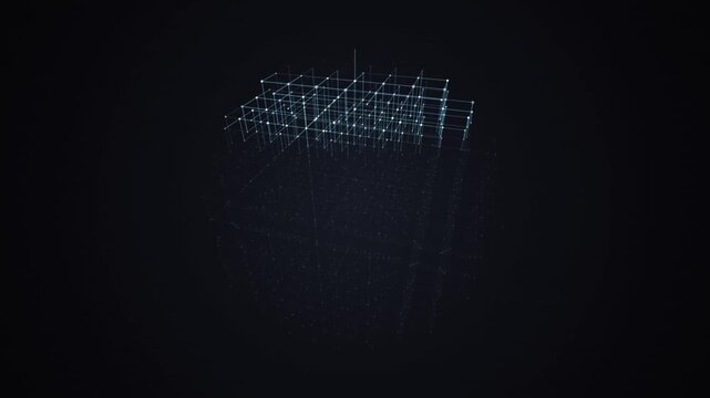 Dynamic abstract visualization of an evolving digital data network grid in a futuristic virtual dark space, conceptual.