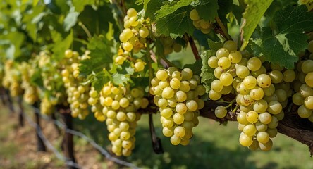 Fototapeta premium Juicy white wine grapes ripe for harvest in vineyard with ample copy space