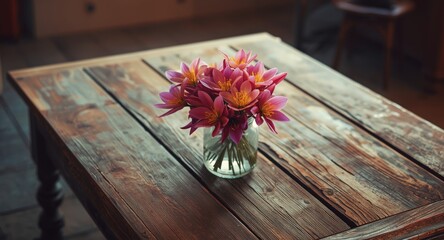 Obraz premium Rustic wooden table featuring a glass jar with vibrant flowers created using AI generative techniques