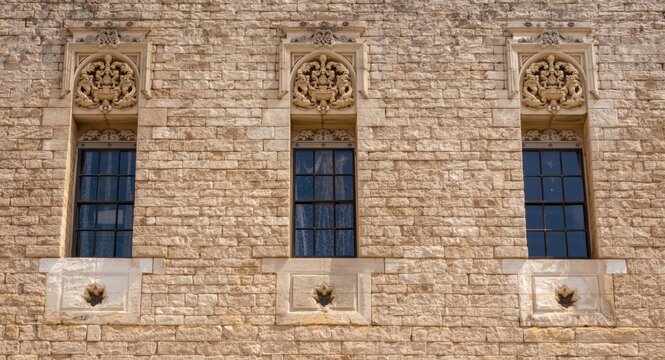 Historic castle wall featuring weathered windows and detailed stone carvings showcasing ancient architectural craftsmanship