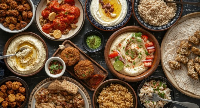 Middle Eastern traditional food array with Kabsa hummus maqluba and tabbouleh during Ramadan iftar