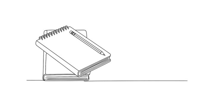 Continuous one line drawing of a stack of books with a spiral notebook and a pencil on top.