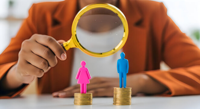 A business person examining a gender pay gap model with a magnifying glass on a white table top