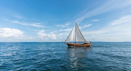 Naklejka premium Fishing boat constructed from wood with sail navigating calm sea waters under a partly sunny cloudy blue sky copy space