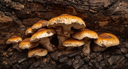 Naklejka premium Natural wood texture under Ganoderma Lucidum mushroom arrangement