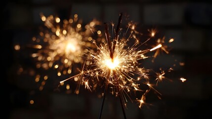 Obraz premium Close up of two lit sparklers creating a vibrant shower of golden sparks and bokeh against a dark background