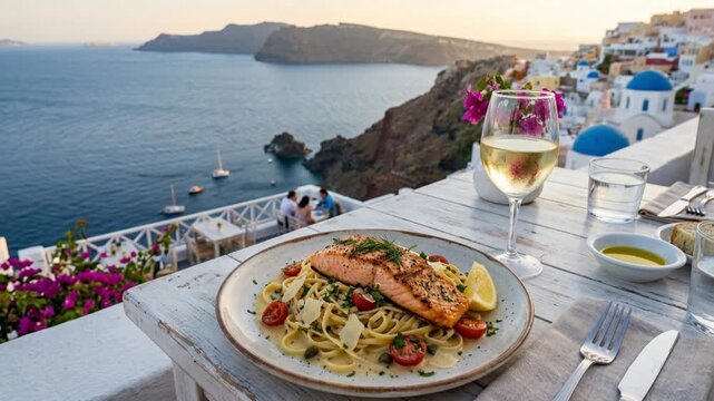 Delicious Salmon Pasta Dinner with White Wine Overlooking the Aegean Sea in Santorini, Greece.