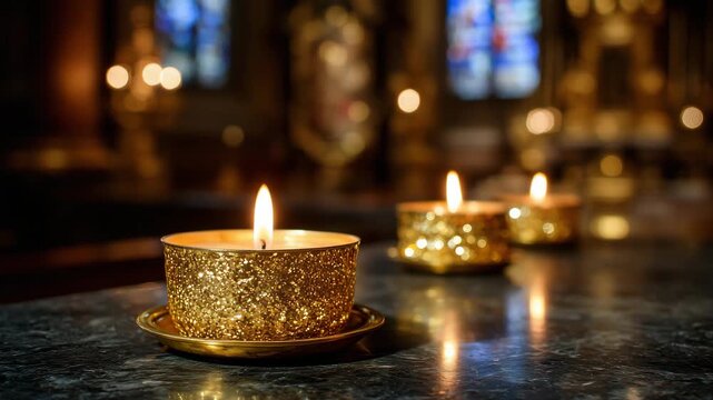 Close-up of shimmering church candle flames reflected in polished brass holders during evening Easter vigil