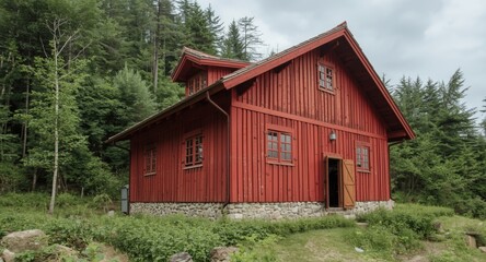 Obraz premium Red wooden house on stone foundation for buy to let investment