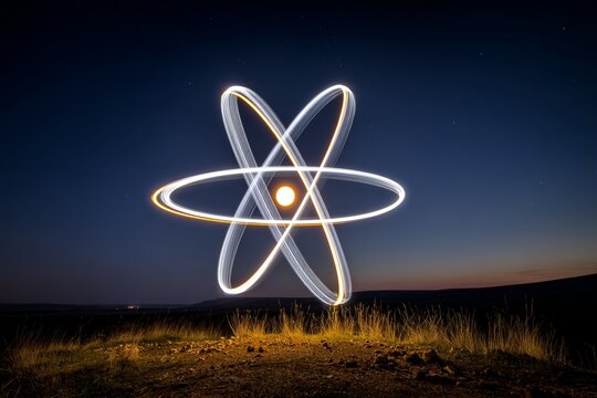 Atomic symbolism: fraught relations between countries. True story. Starlit night elevates us-iran conflict scene with prominent atom. Everyday life. Real moment.