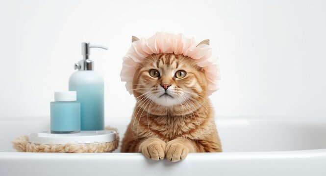 Smiling cat sporting shower cap alongside bath accessories on white background
