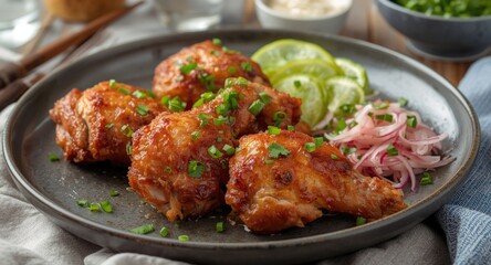 Fototapeta premium Juicy Korean fried chicken thighs with zesty pickled radish on the side