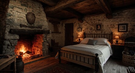 Fototapeta premium rustic medieval sleeping chamber with active hearth and flickering flames
