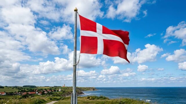 Danish Flag Waving Proudly Against a Bright Blue Sky Over Coastal Landscape.