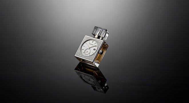 Luxury Watch Perfume Bottle with Intricate Design and Reflective Surface