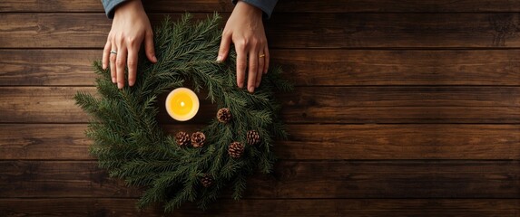 Naklejka premium Hands weaving cedar branches for a festive wreath with pine cones and candle on a wood surface