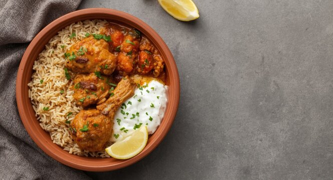 Clay bowl filled with aromatic chicken biriyani made from cumin rice and spices alongside raitha and lemon pickle on muted grey background with copy space
