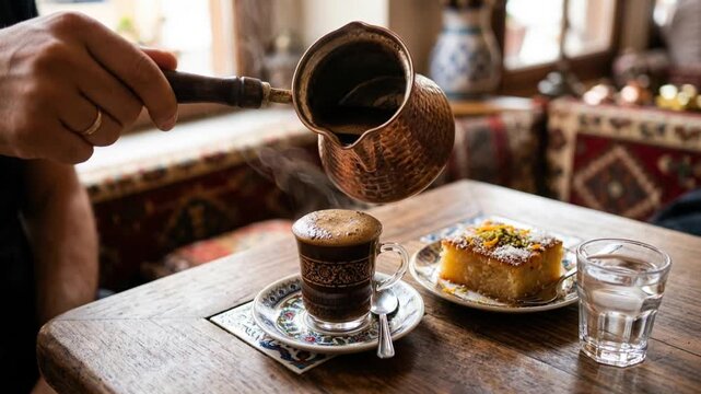 Traditional Turkish Coffee Being Poured into a Cup with Dessert and Water on a Wooden Table.