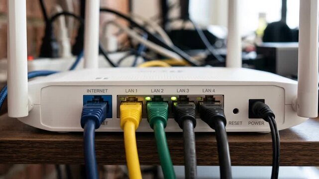 Wireless Router with Multiple Ethernet Cables Connected for Home Network.