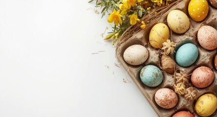 Naklejka premium Postcard concept with rustic hen trays filled with colorful Easter eggs on white background