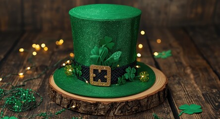 Naklejka premium Green hat decorated with lucky shamrocks and fairy lights resting on rustic wooden board