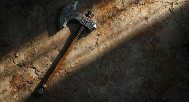 Shadowed display of a fantasy game hatchet and a knight hammer on a textured stone floor