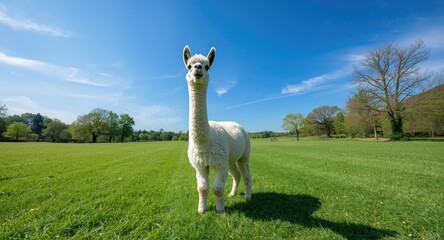 Naklejka premium Cheerful alpaca playing on fresh green lawn under sunny summer skies full length view