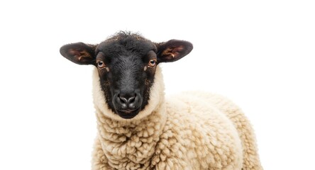 Obraz premium Small black faced sheep of Welsh breed isolated on a stark white backdrop