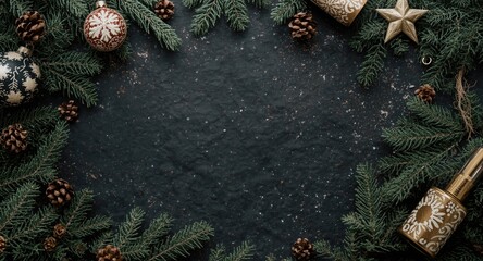 Naklejka premium Minimalist dark winter backdrop with natural fir branches and a holiday themed elegant festive decoration layout
