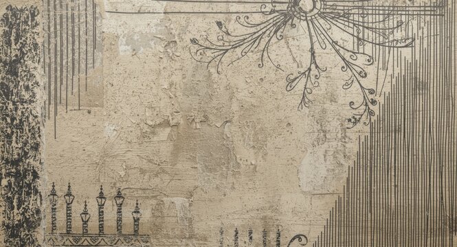 Grunge style abstract art featuring drywall mud texture and ornamental graphic hand drawn elements