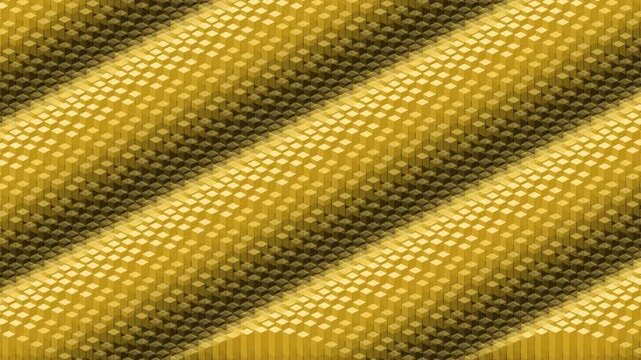 Captivating dynamic digital pattern of waving golden isometric cubes creating an abstract textured background design.