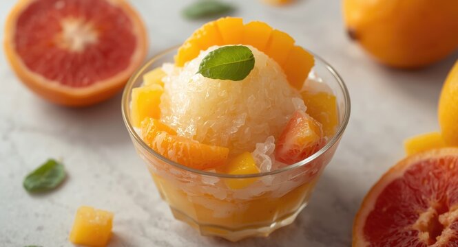 Chilled dessert bowl of mango sago and pomelo