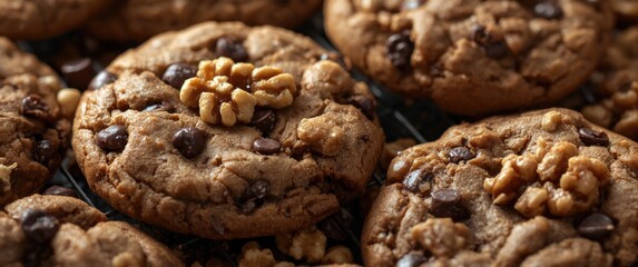 Obraz premium Magnified close shot of freshly baked chocolate chip cookies garnished with walnuts showcasing textured surface and deliciousness
