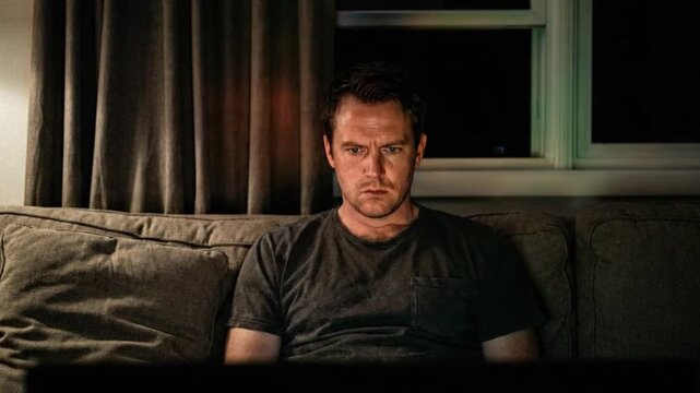 Man watching screen intently with intense blue light reflection motion footage