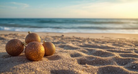 Naklejka premium Seasonal glittery baubles on sandy beach with ocean view for Christmas card