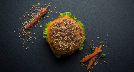 Overhead presentation of plant based burger featuring carrots millet seeds and herbs on dark surface