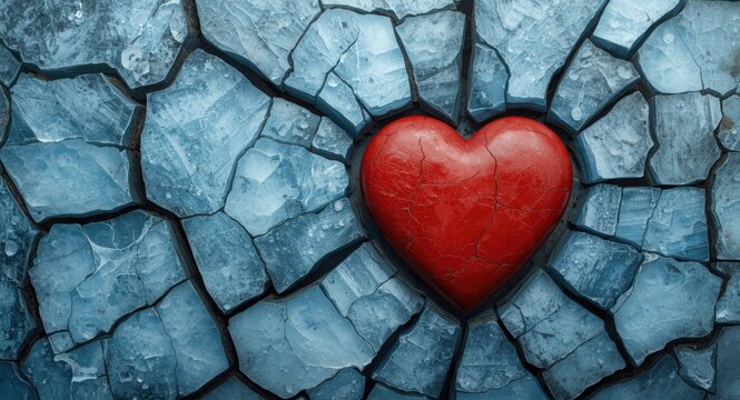 Large cracked icy blue shell around a red stone heart showing love betrayal