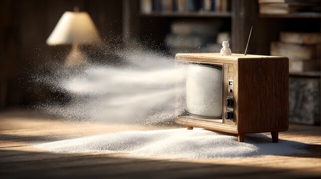 An old TV showing an image with dust emitting from the screen on a wooden floor, with a lamp and books in the background.