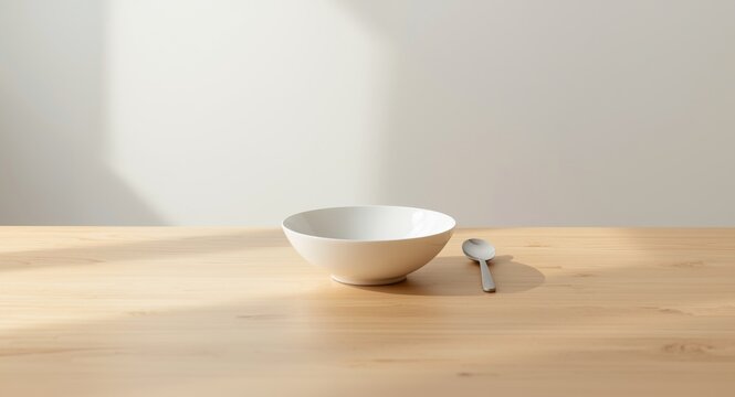 Minimalist dishware background with white porcelain bowl and spoon for soup serving