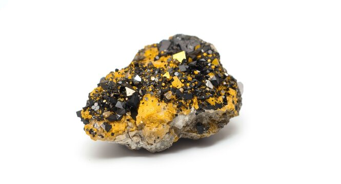 Sharp focus on a unique Sphalerite and Calcite mineral specimen against white background