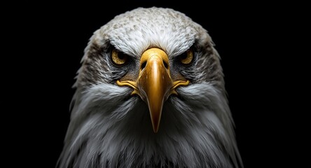 Obraz premium Menacing bald eagle portrait close-up with dark background and clear space for writing